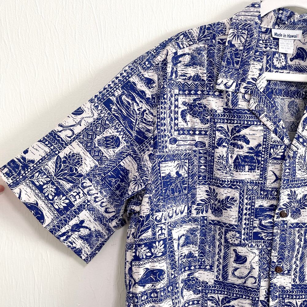 VTG Made in Hawaii Mens Hawaiian Aloha Shirt XL Blue Quilt Pattern Fish Canoe